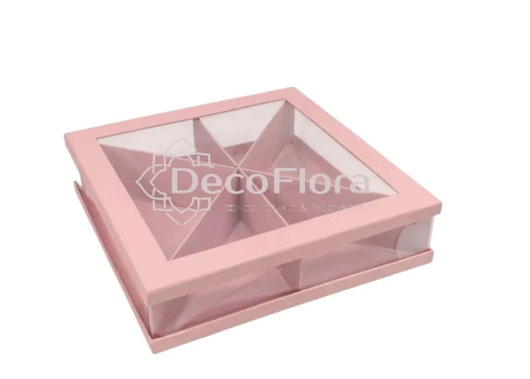 Коробка сборная с окошком 35*35*7см квадрат розовая