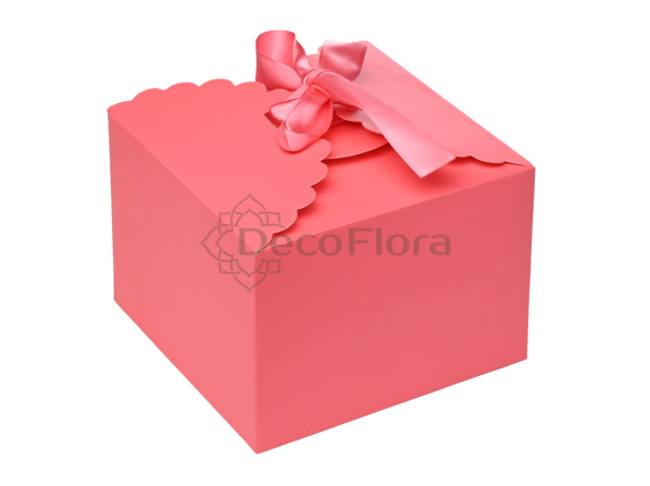 Коробка сборная 14*14*10см квадрат с атласной лентой коралловая